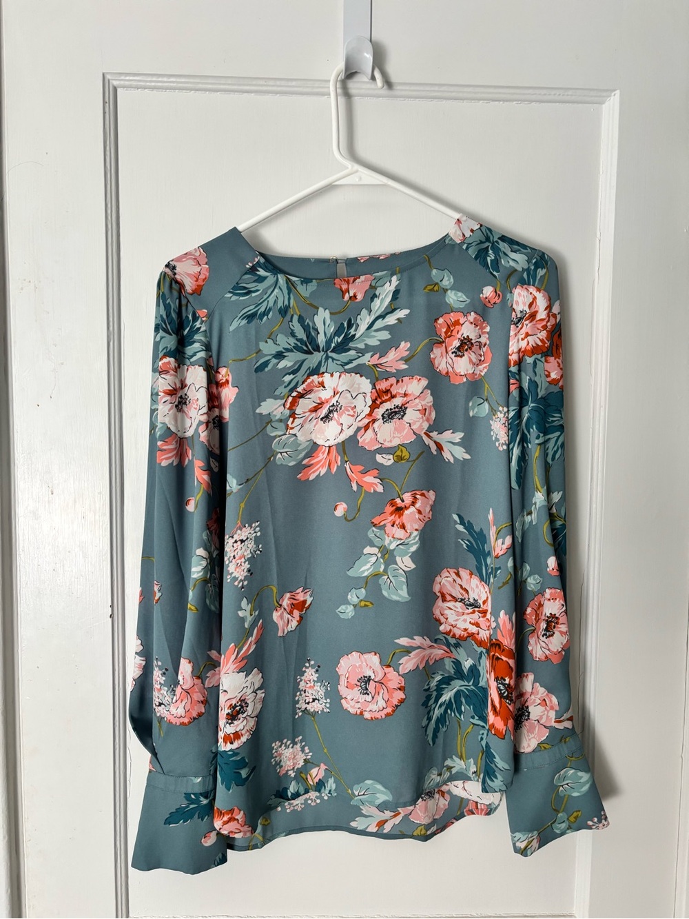 LOFT Dusty Teal Floral Long-Sleeve Blouse